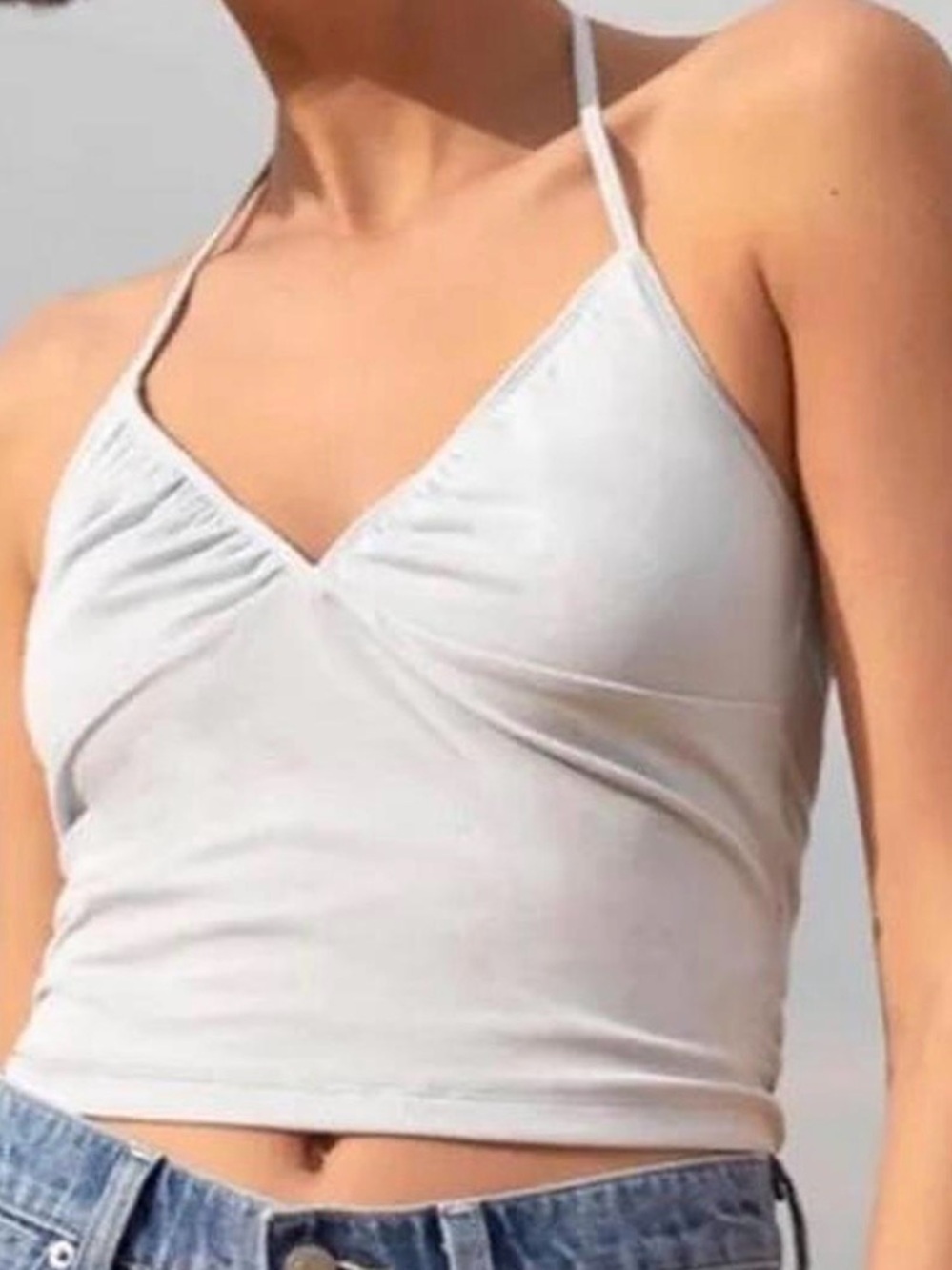 Aritzia White Ruched V-Neck Spaghetti Strap Cami